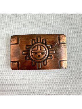 Chambers Belt Co. Copper Belt Buckle With Engraved Sun Symbol 3" x 2" Vintage US